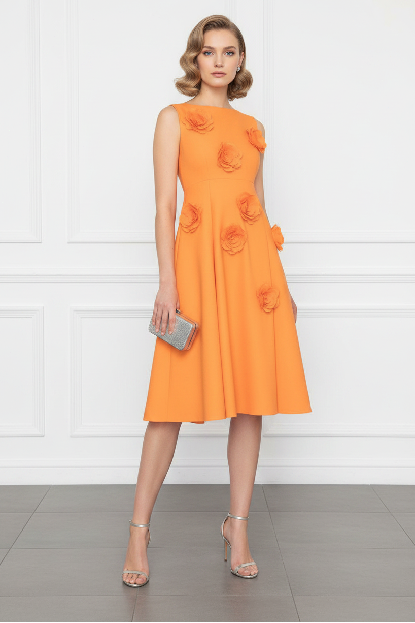 Orange Bateau Neck 3D Floral Midi Dress