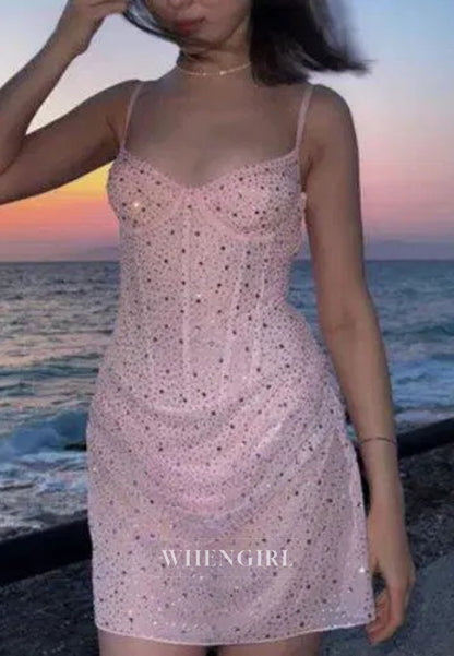 Rhinestone Corset Boned Spaghetti Strap Mini Dress