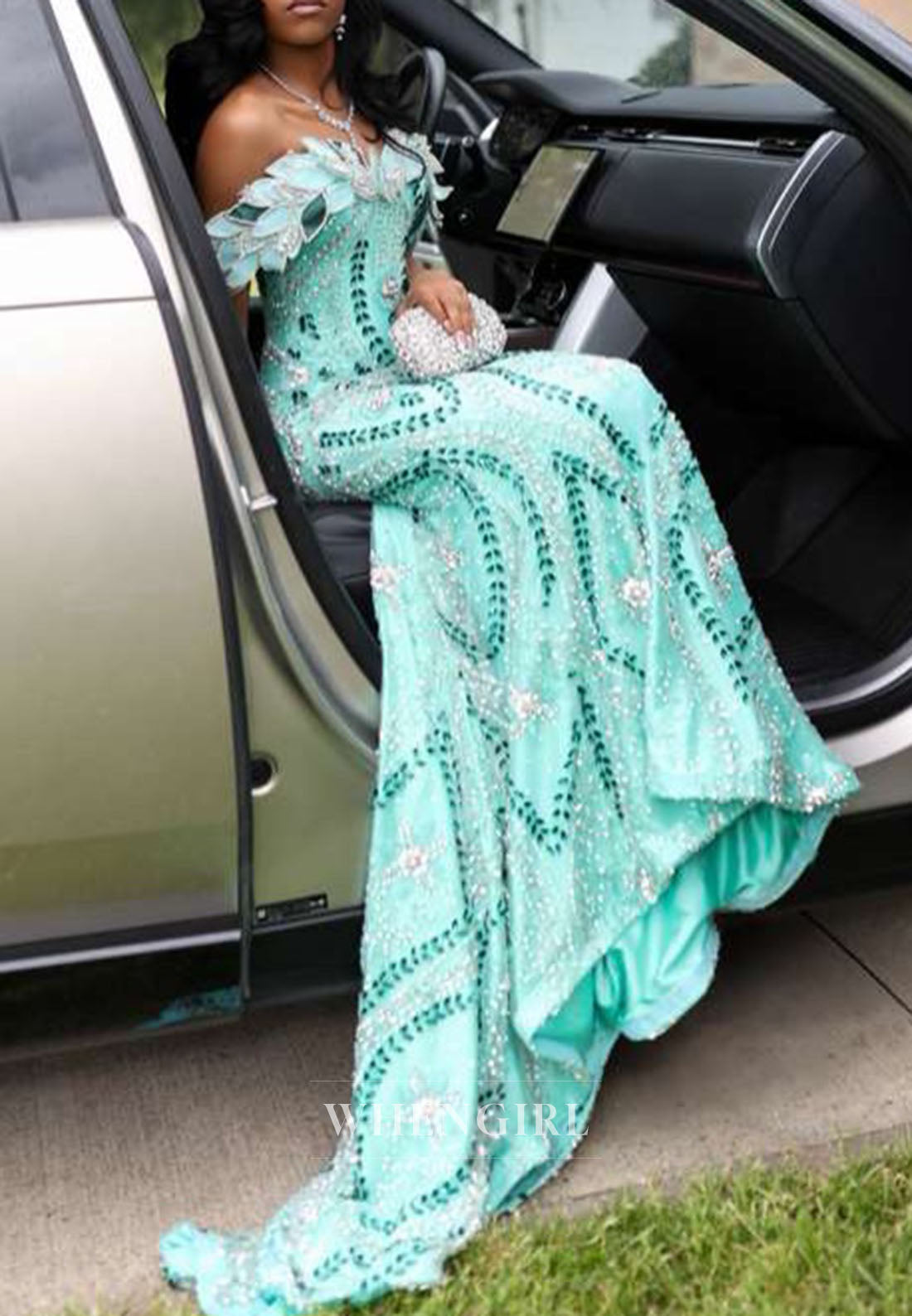 Sequined Off-the-Shoulder Mermaid Gown with Train