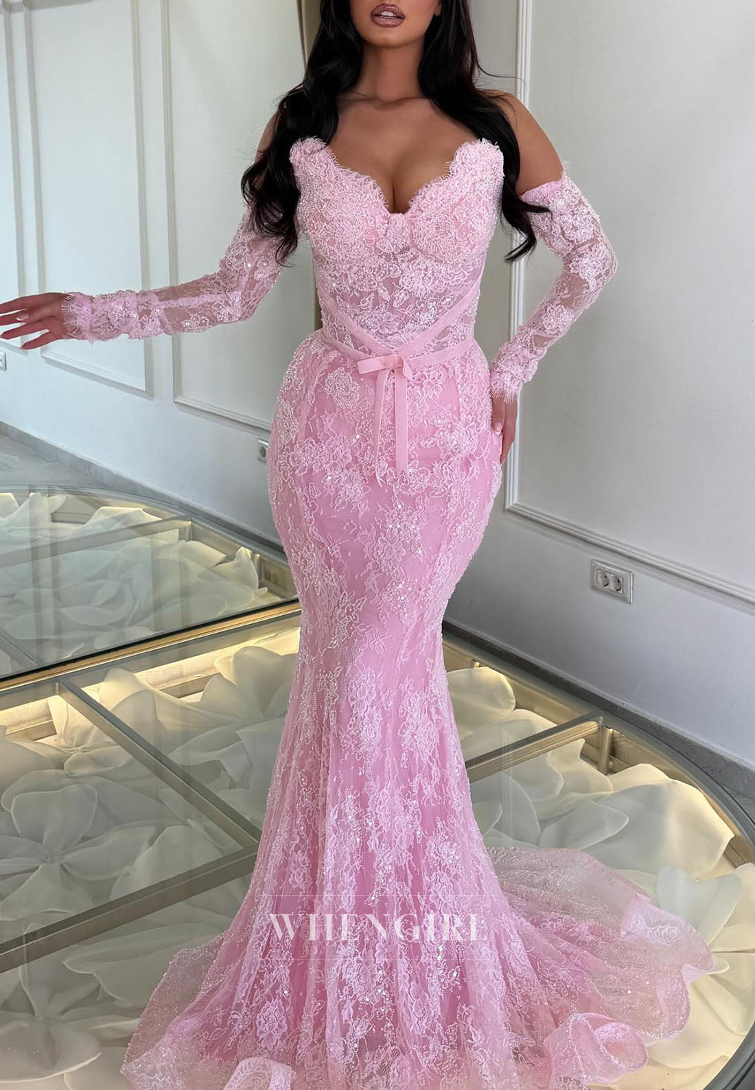 Off-the-Shoulder Long Sleeve Lace Mermaid Gown
