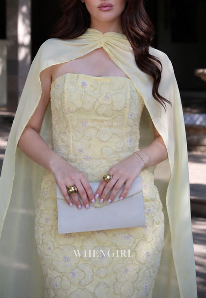 Strapless Floral Applique Gown with Chiffon Cape