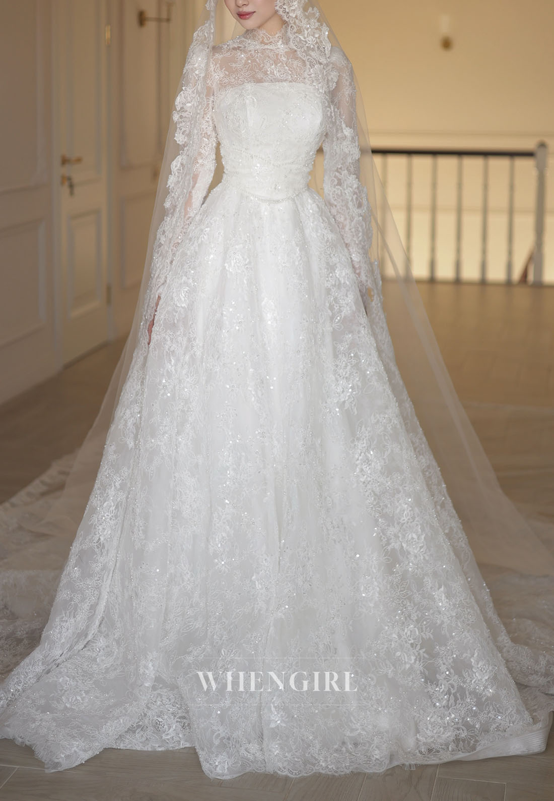 High Neck Lace Long Sleeve Ball Gown Wedding Dress