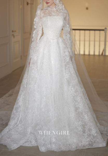 High Neck Lace Long Sleeve Ball Gown Wedding Dress