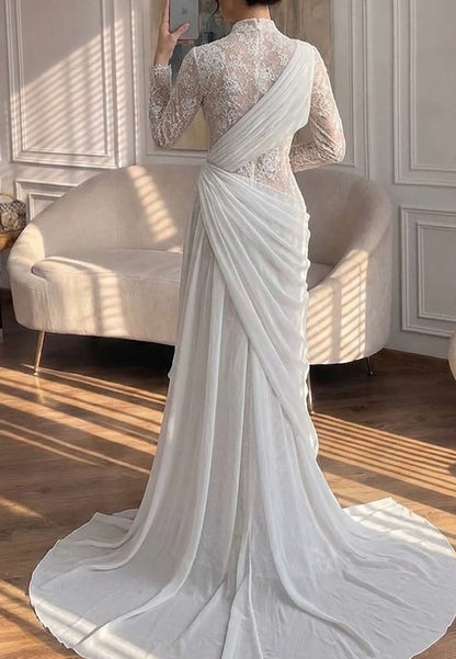 High Neck Lace Gown with Asymmetrical Draped Train