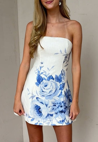 Strapless Floral Print Mini Dress with Fitted Bodice