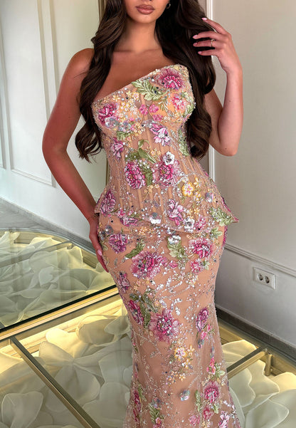 Floral Embroidered Peplum Corset Evening Gown