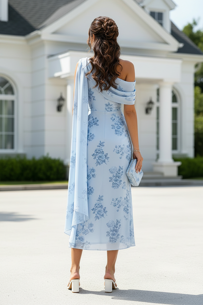 One-Shoulder Floral Chiffon Midi Dress