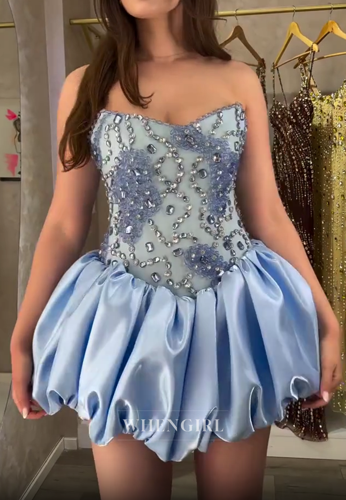 Strapless Beaded Corset Bubble Skirt Mini Dress