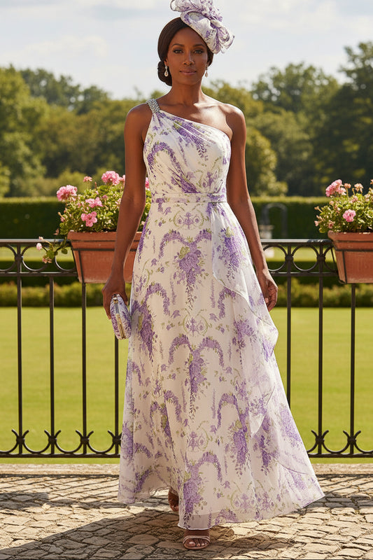 One-Shoulder Floral Chiffon A-Line Evening Gown
