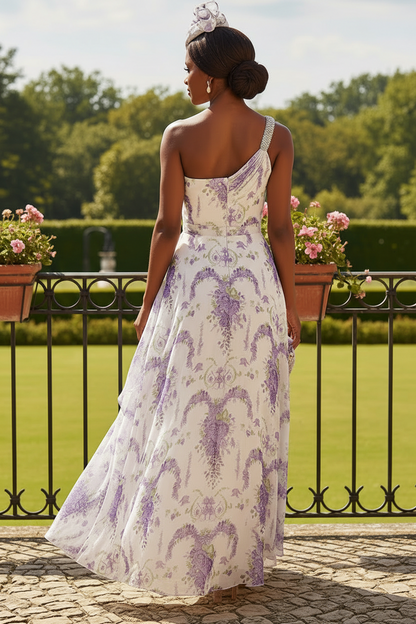 One-Shoulder Floral Chiffon A-Line Evening Gown