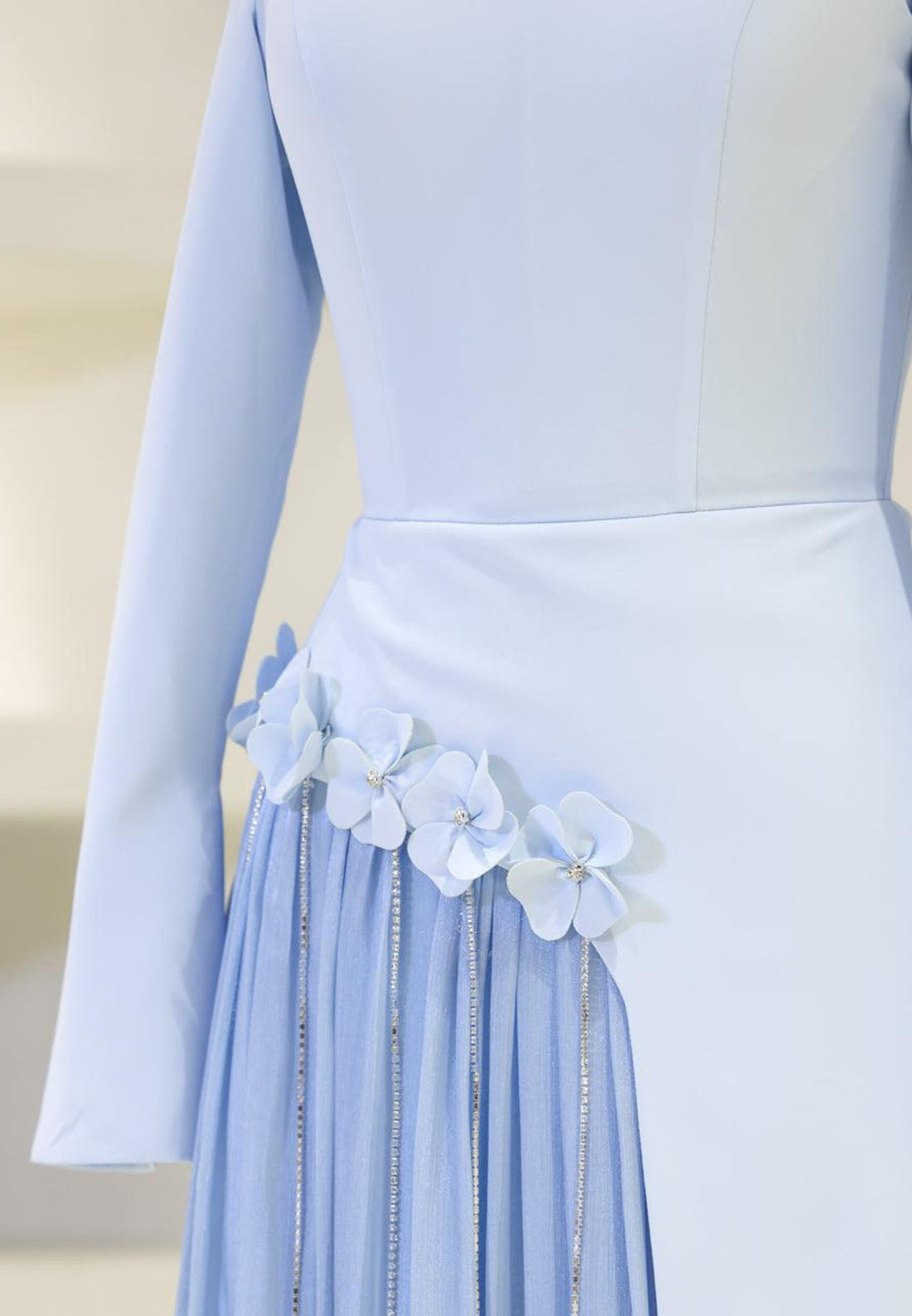 High Neck Maxi Dress with Pleated Inset & 3D Flowers