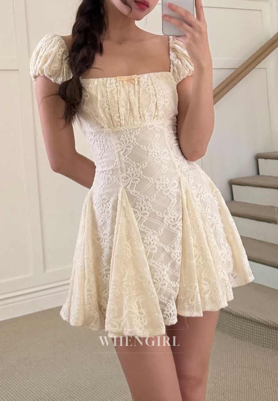 Lace Puff Sleeve Corset Pleated Mini Dress
