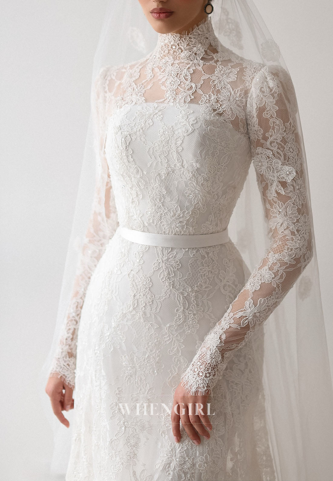 High Neck Long Sleeve Lace Column Wedding Dress