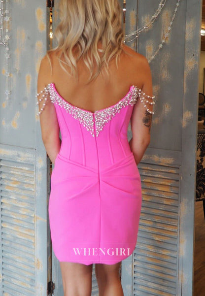 Off-Shoulder Pearl Strap Mini Dress with Corset Bodice