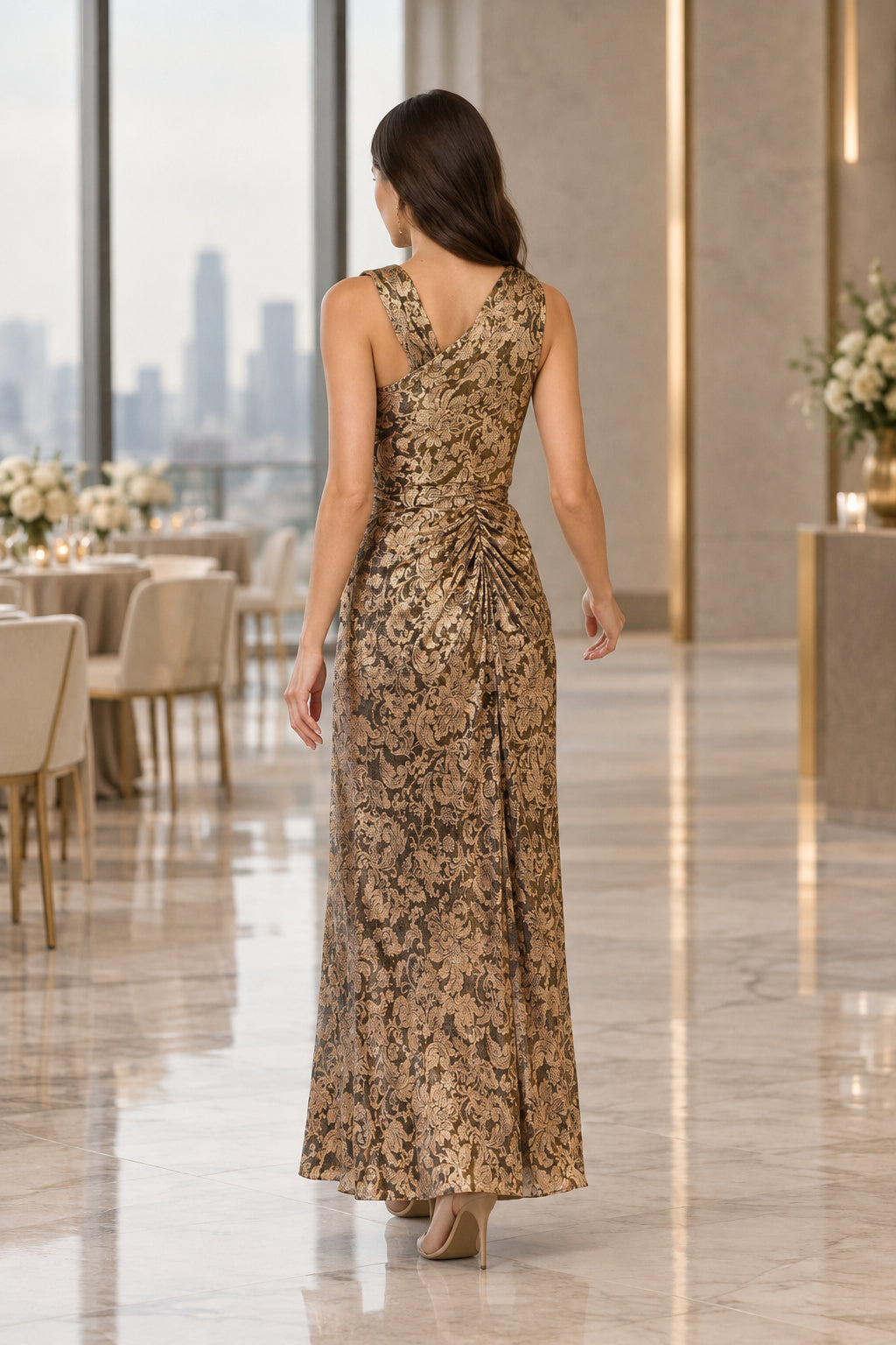 Metallic Jacquard One-Shoulder Gown with Slit