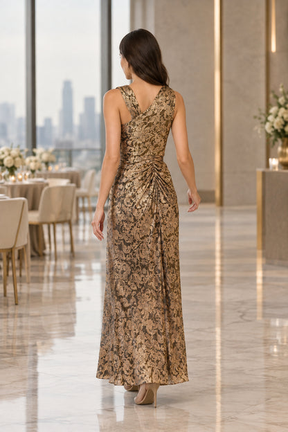 Metallic Jacquard One-Shoulder Gown with Slit