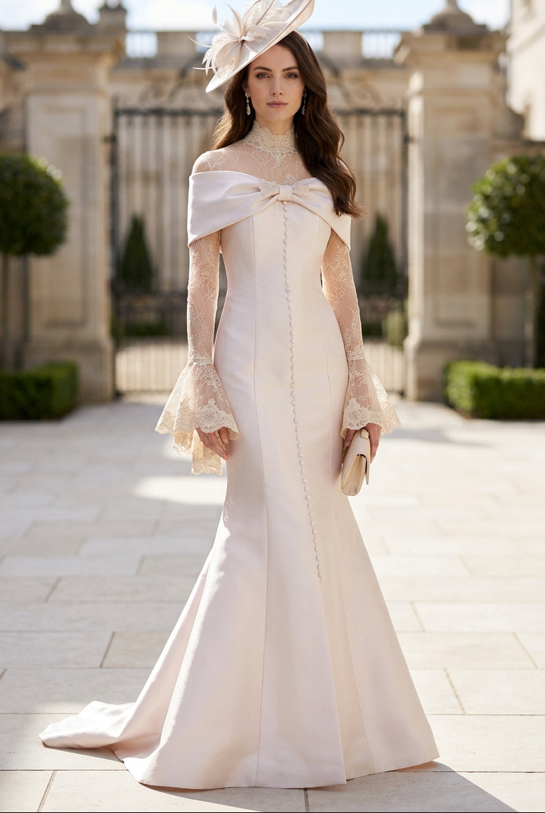 Lace & Satin Gown with Cape Train