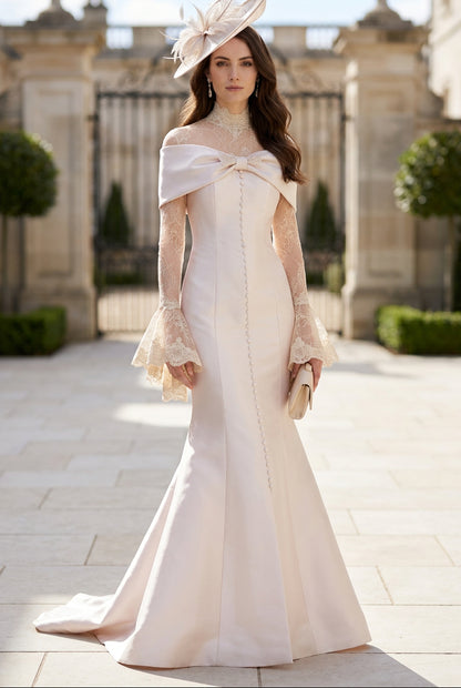 Lace & Satin Gown with Cape Train