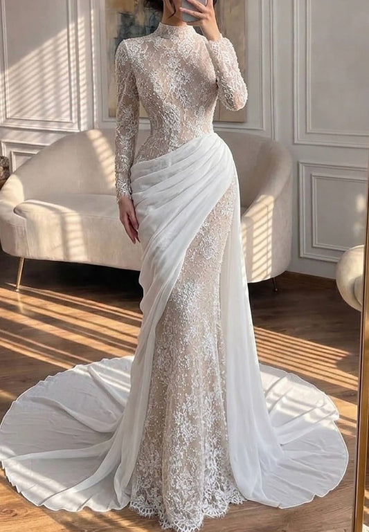 High Neck Lace Gown with Asymmetrical Draped Train