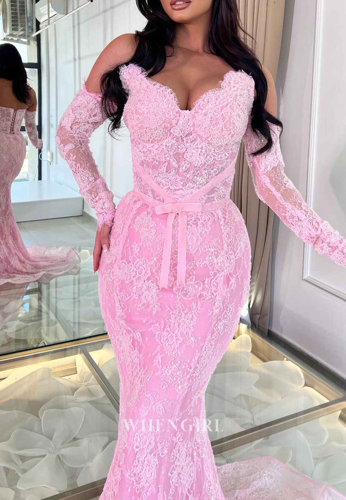 Off-the-Shoulder Long Sleeve Lace Mermaid Gown