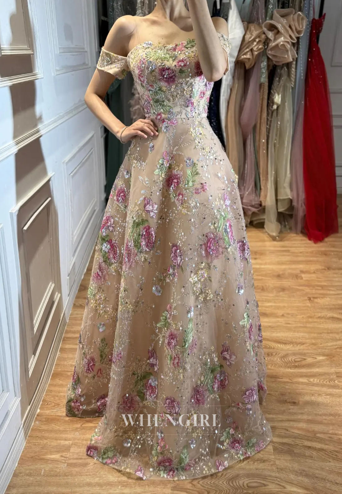Off-The-Shoulder Embroidered Floral A-Line Gown