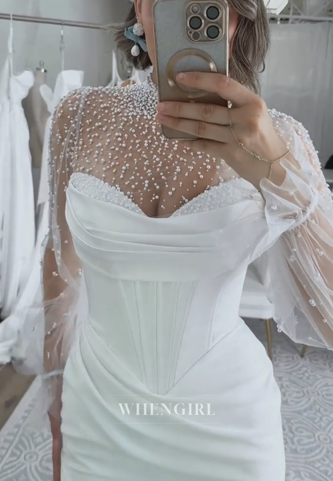 Pearl Illusion Corset Wedding Dress with Train