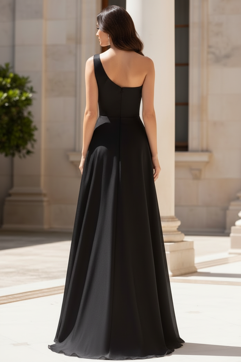 One-Shoulder Floral Applique A-Line Gown