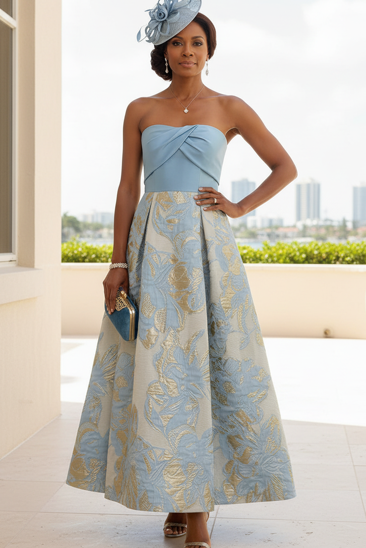 Strapless Floral Jacquard A-Line Midi Dress