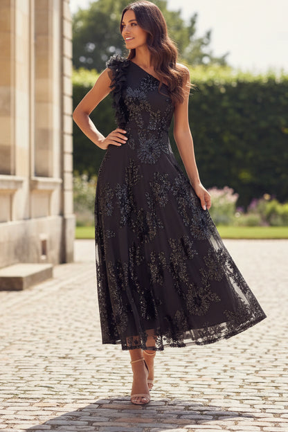 One Shoulder Sequin Floral Ruffle Tea-Length Dress