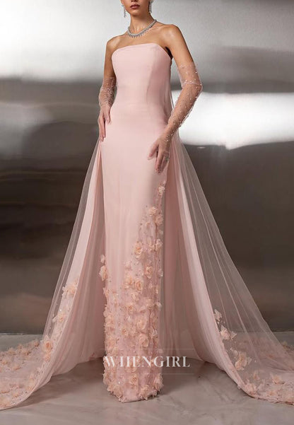 Strapless Column Gown with Floral Appliqués and Cape Train