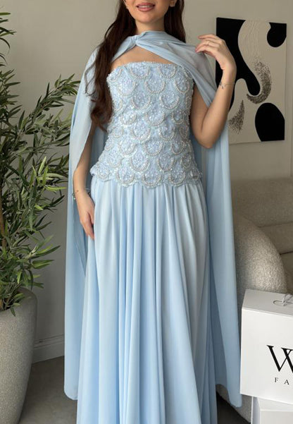 Embellished Bodice Cape Evening Gown