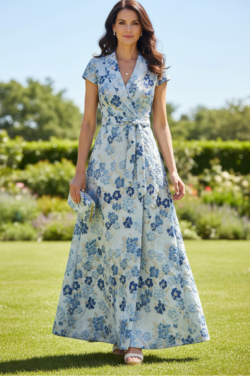 Floral Jacquard A-Line Maxi Dress with Collar