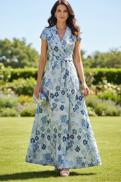 Floral Jacquard A-Line Maxi Dress with Collar