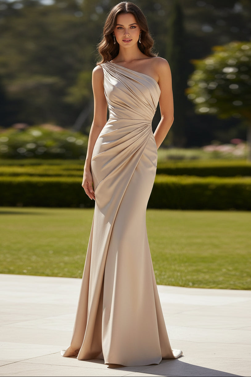 One Shoulder Pleated Satin Mermaid Evening Gown