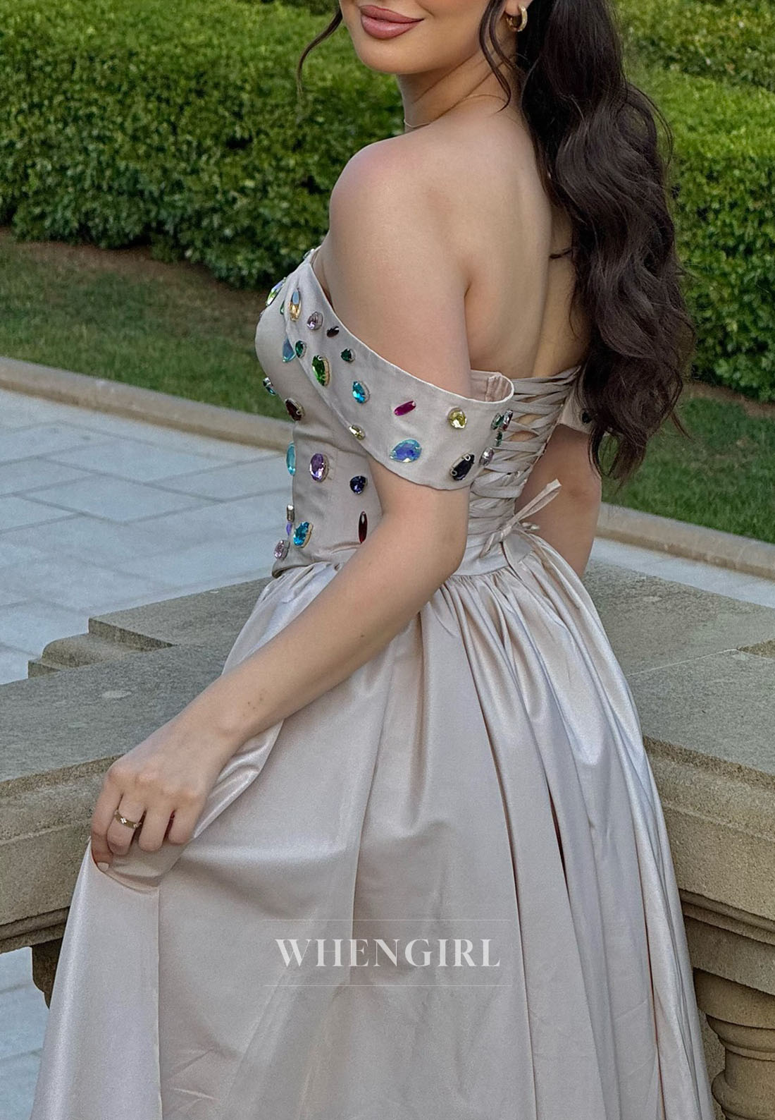 Off-the-Shoulder Gemstone Corset Ball Gown