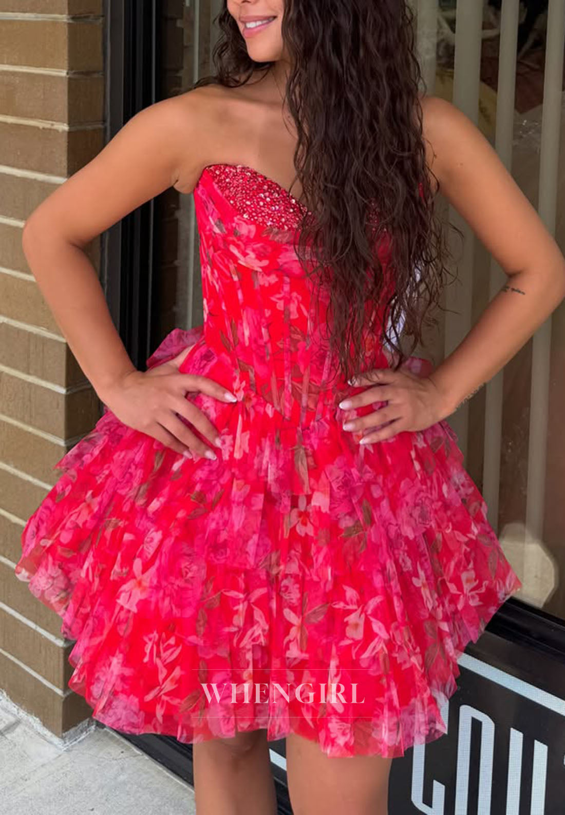 Floral Strapless Beaded Corset Tiered Mini Dress