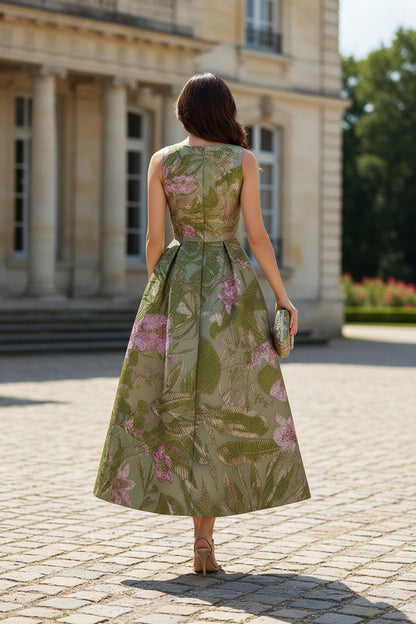Floral Jacquard A-Line Tea-Length Dress with Pockets