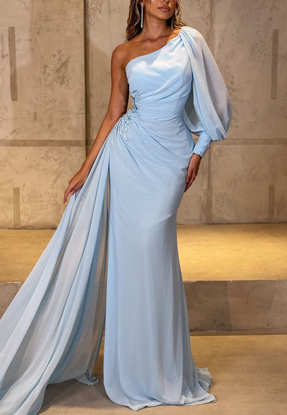 One-Shoulder Ruched Gown with Lantern Sleeve