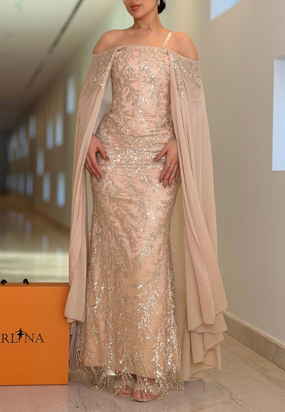 Sequined Off-the-Shoulder Cape Evening Gown