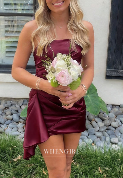 Strapless Satin Mini Dress with Side-Draped Asymmetrical Hem