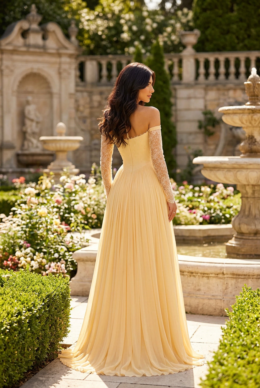 Pleated A-Line Gown with Lace Long Sleeves