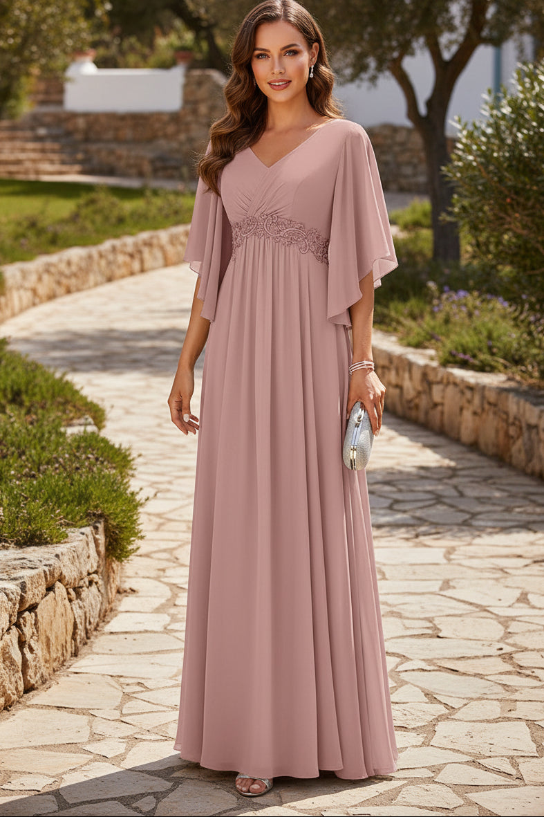 Flutter Sleeve V-Neck Maxi Dress with Waist Applique