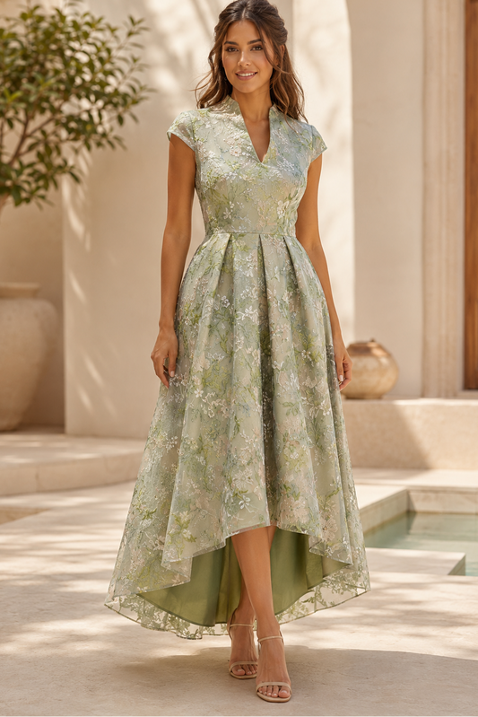 Floral Embroidered High-Low A-Line Dress