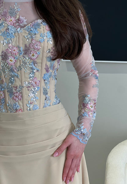 Embroidered Corset Bodice Tea-Length Dress