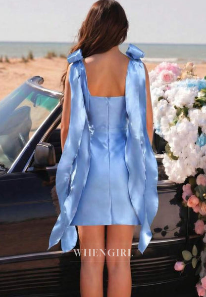 Satin Square Neck Mini Dress with Shoulder Bows