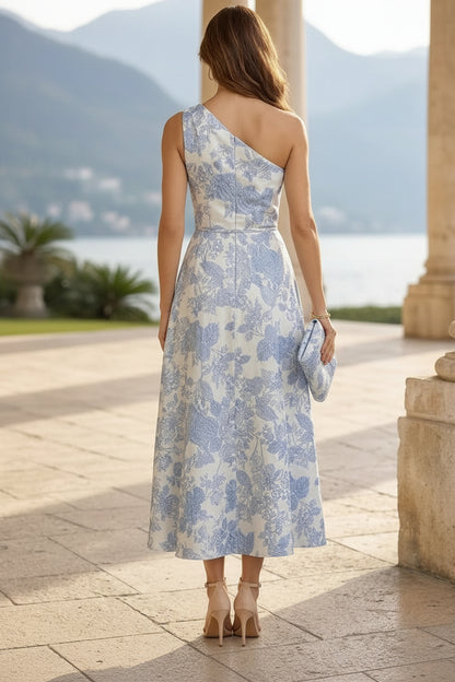 One-Shoulder Floral Midi Dress with Ruffle Detail