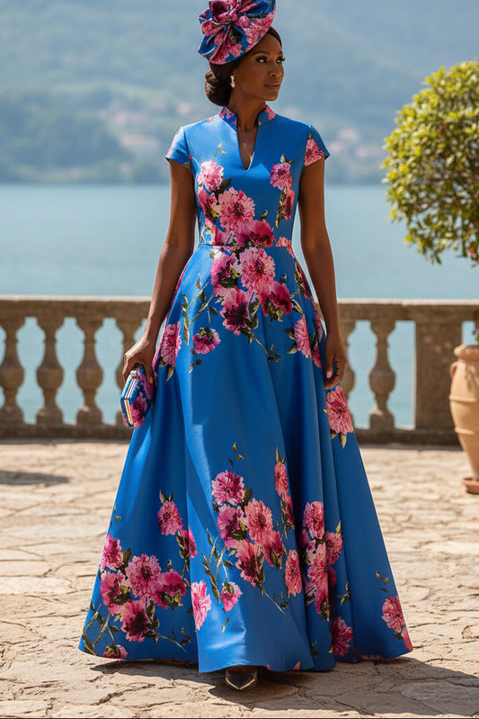 Elegant Floral Print Mock Neck A-Line Gown