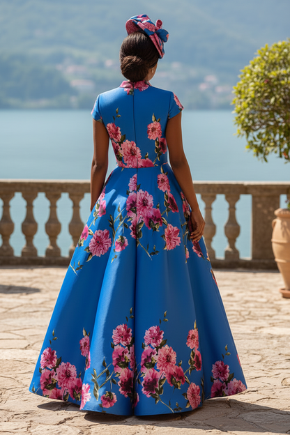 Elegant Floral Print Mock Neck A-Line Gown