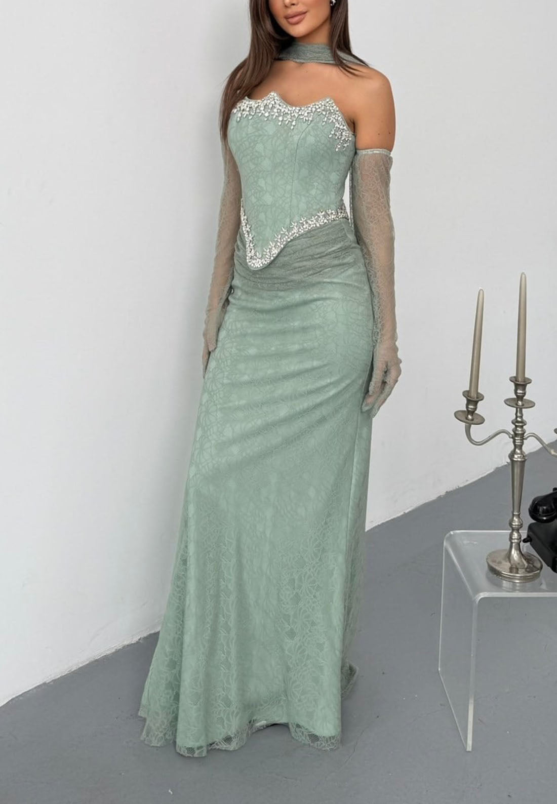 Embellished Corset Lace Gown with Gloves
