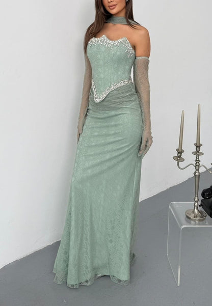Embellished Corset Lace Gown with Gloves